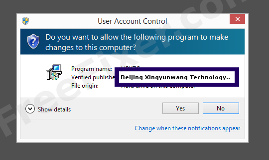 Screenshot where Beijing Xingyunwang Technology Co., Ltd appears as the verified publisher in the UAC dialog